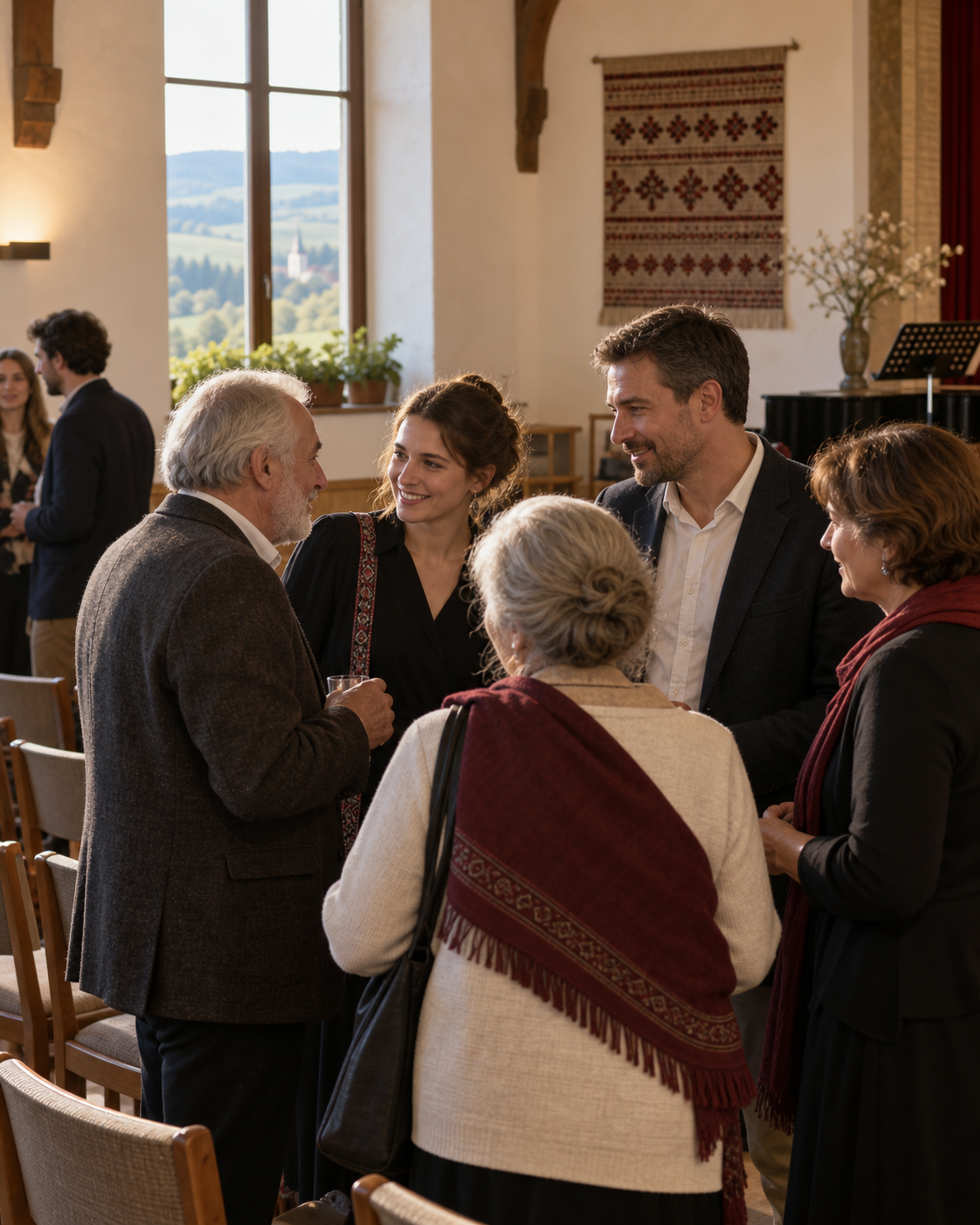 Több generáció beszélget egy magyar kulturális közösségi eseményen