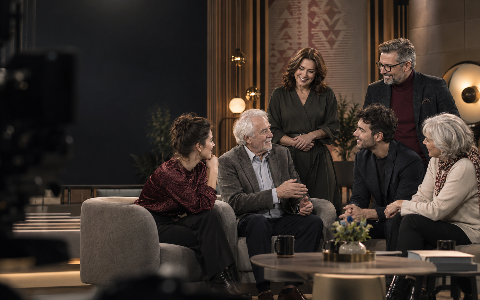 Különböző generációk beszélgetnek egy modern televíziós stúdióban